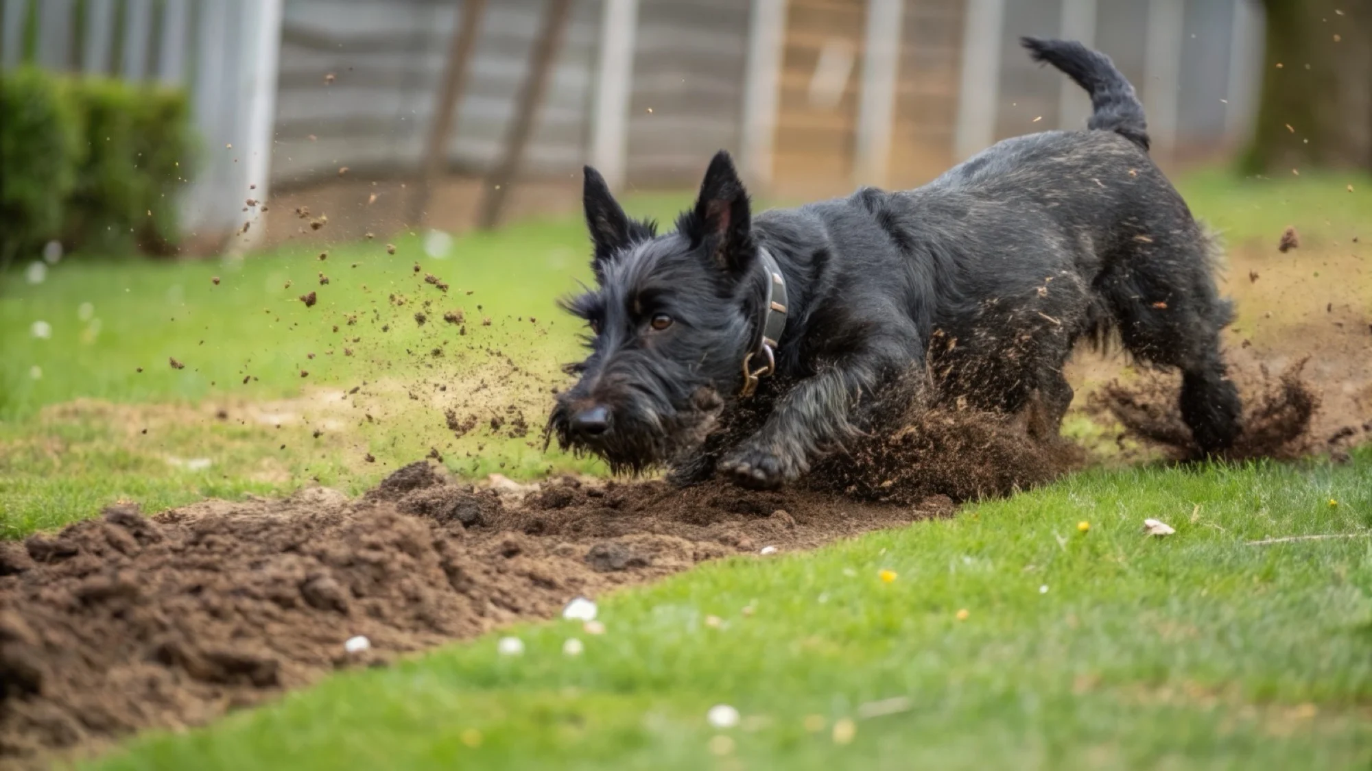 Dark terrier digging furiously, mud flying