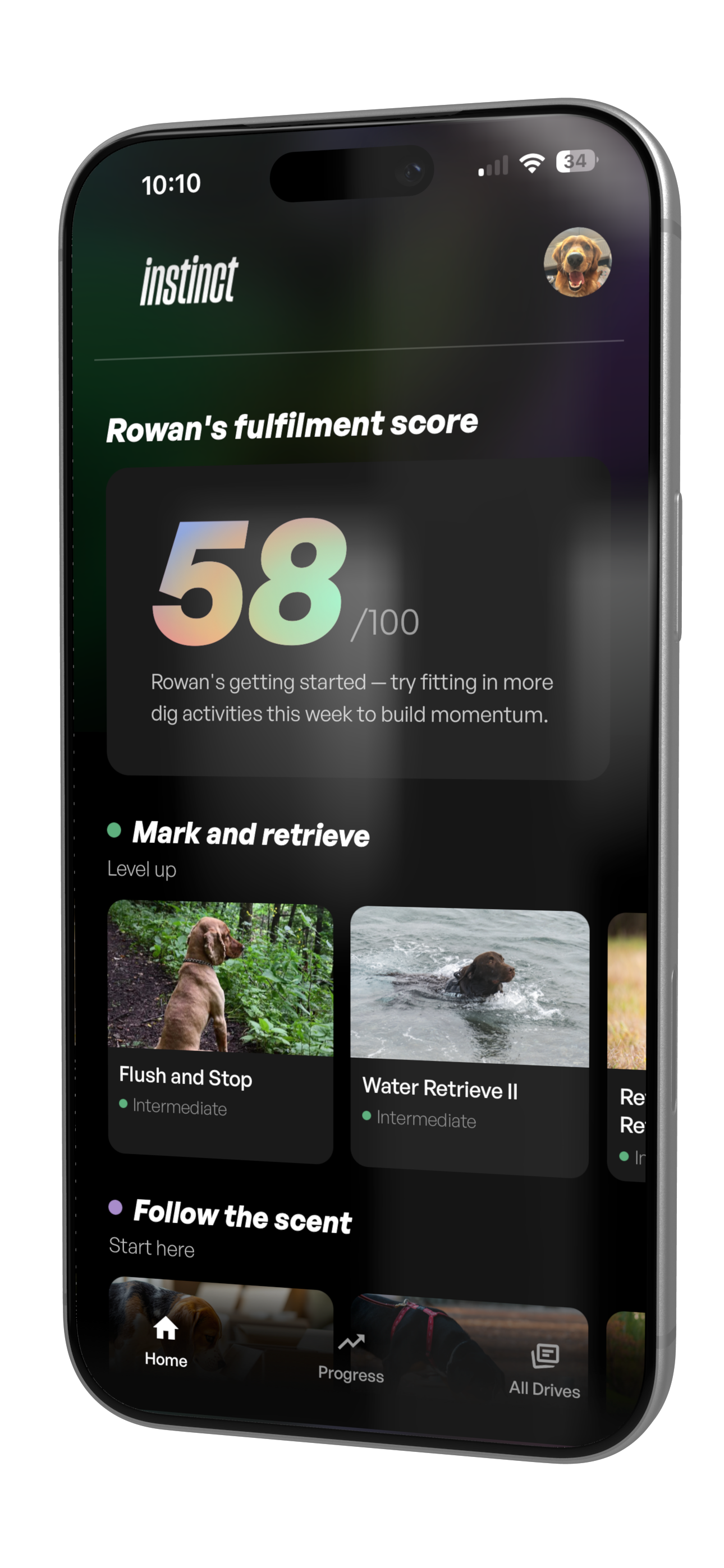 instinct app on iPhone showing a daily enrichment workout