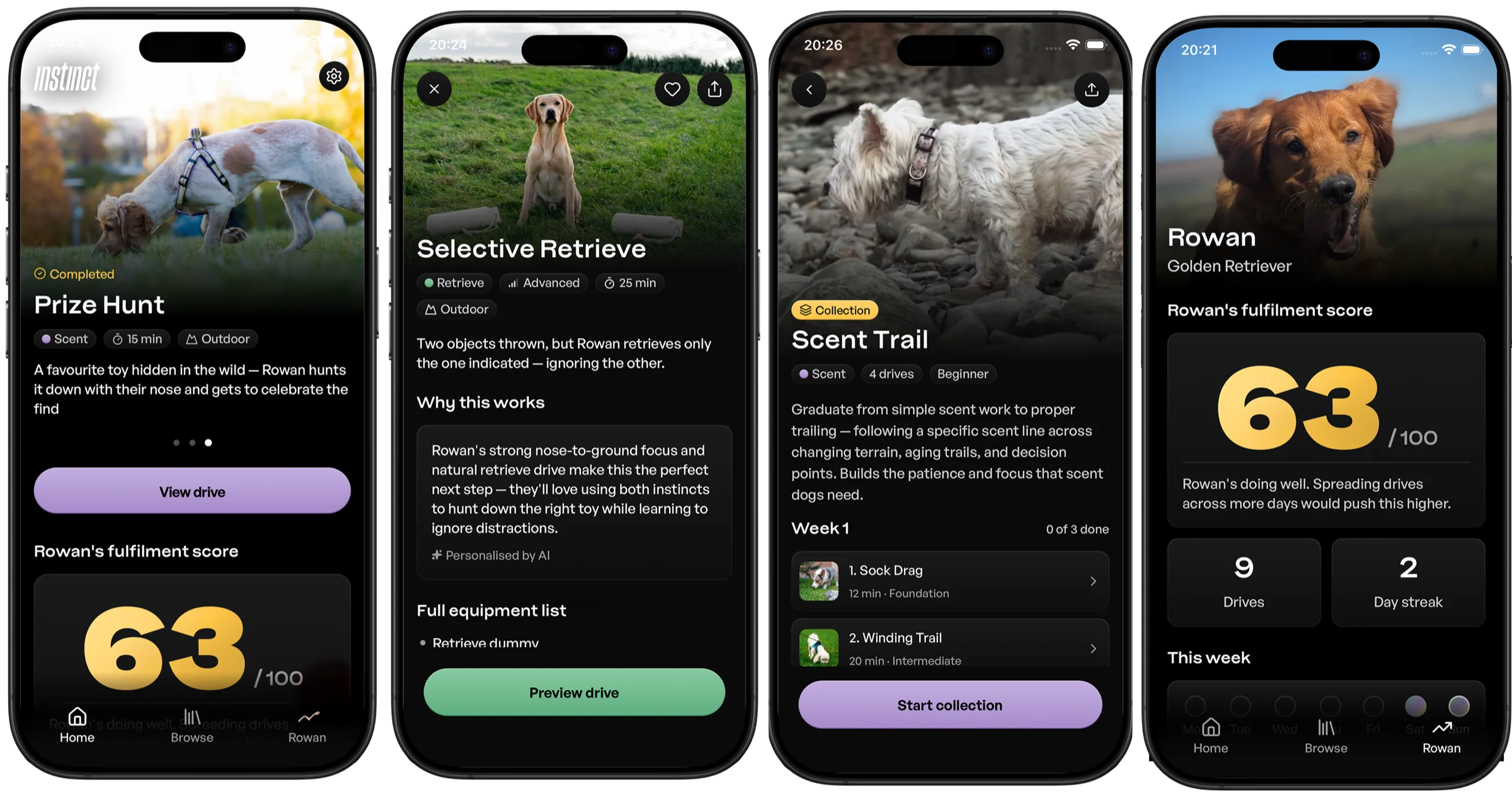 instinct app screens: completed drive, drive details with steps, scent collection programme, fulfilment score dashboard