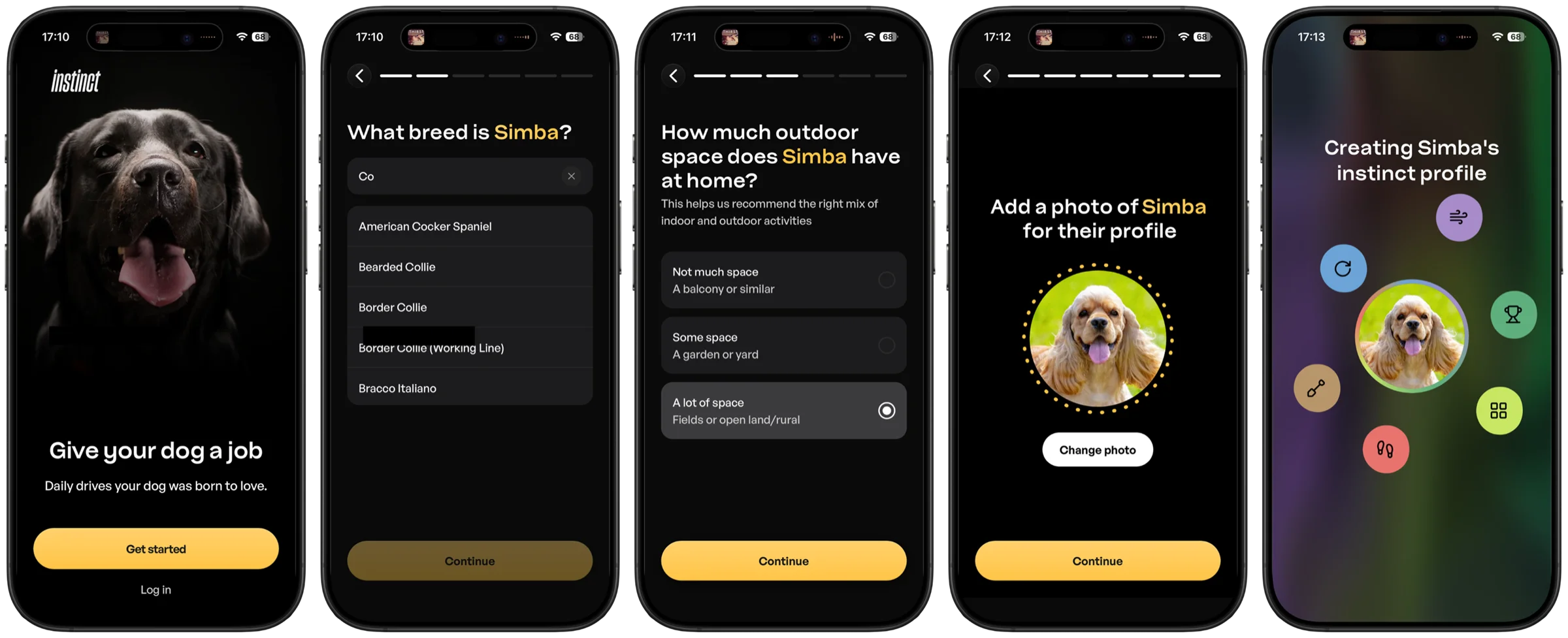 instinct onboarding flow: welcome, breed picker, space question, dog photo, instinct profile reveal